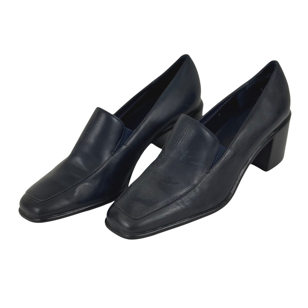 90s/Y2K Minimalist Heels Navy Blue Classic Square Toe Block Heel Loafer Size 7.5